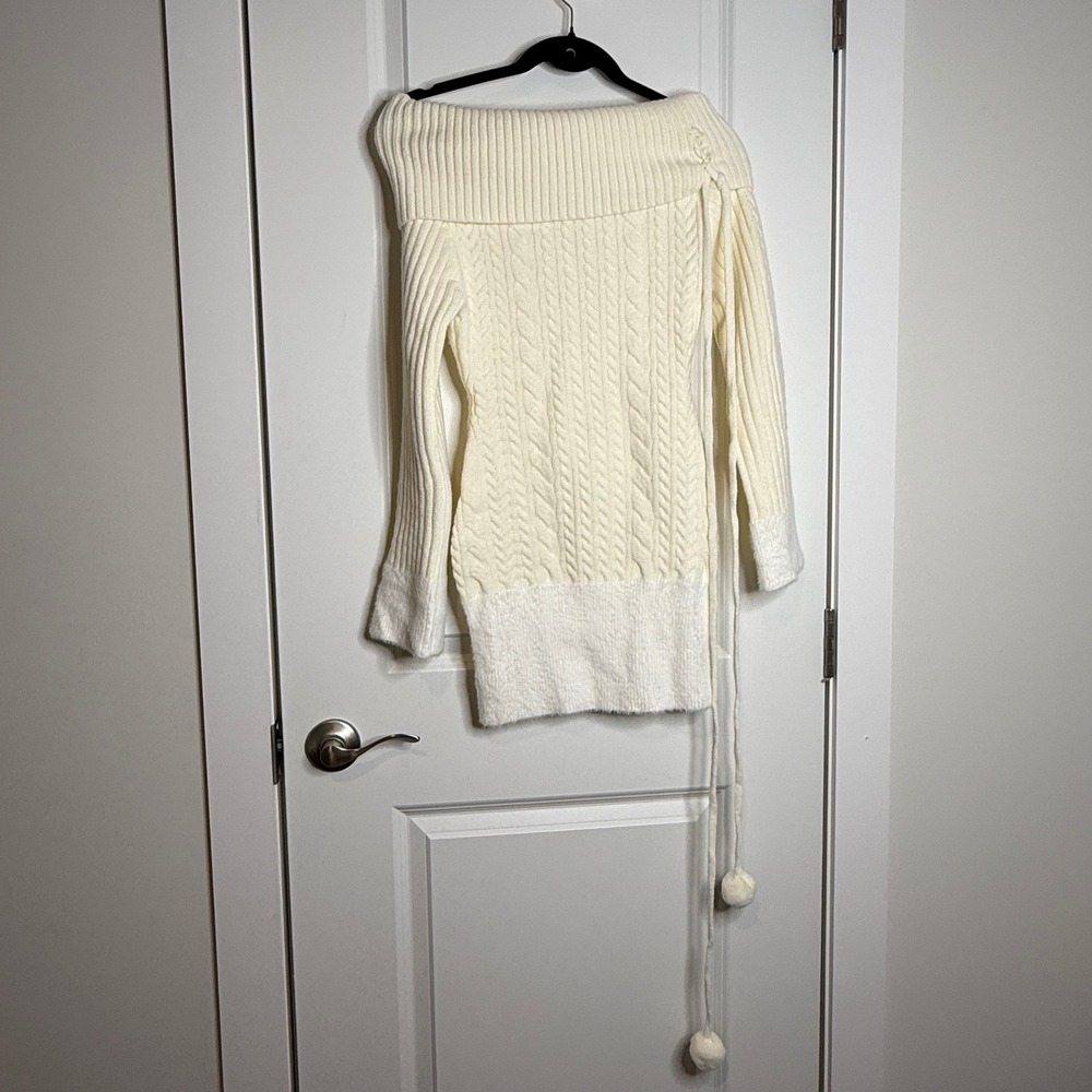 Off The Shoulder Cable Knit Sweater Dress Ivory White Pom Pom Detail Medium